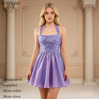 Robe Courte de Soirée Plissée en Satin Métallisé Lavande à Col Halter Sans Manches Coupe Trapèze Mini pour Cocktail et Fêtes - Ocstrade Fashion