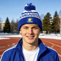 Bonnet en tricot jacquard color block personnalisé 100 % acrylique avec pompon et patch citron, idéal pour l'hiver, le jogging en extérieur, les sports et l'encouragement.