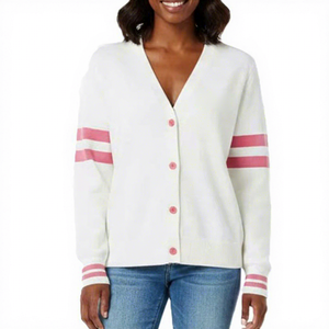 <b>Women's</b> <b>White</b> Pink Thick Anti-Wrinkle Knitted <b>Cardigan</b> V-Neck Full Sleeve Embroidery Preppy Style Acrylic Winter Casual - Product Image 3