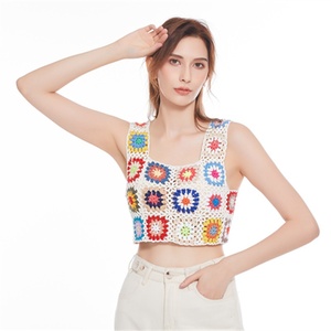 Top court sexy bohème en <span class=keywords><strong>crochet</strong></span> floral pour femme, <span class=keywords><strong>gilet</strong></span> tricoté fait main <span class=keywords><strong>Granny</strong></span> Square, cache-maillot de plage d'été - Product Image 1