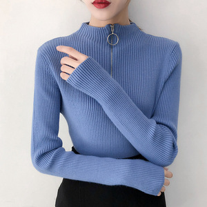 Suéter Feminino de Tricô Slim com Zíper e Gola Alta, Estilo Coreano, Cor Sólida, Manga Longa, para Primavera e Outono - Product Image 3