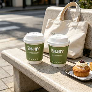 Tasses à café à double paroi vert foncé avec impression personnalisée ENJOY en feuille d'argent et couvercles blancs - Product Image 4