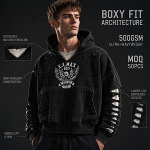 <span class=keywords><strong>Felpa</strong></span> con Cappuccio Personalizzata 500GSM con Grafica Aquila, Lusso, Effetto Sbiadito, Vestibilità Oversize, Estrema Distressed, <span class=keywords><strong>Bordo</strong></span> Grezzo Vintage - Product Image 1