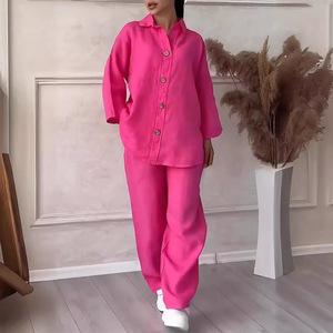 Ensemble 2 pièces pour femmes d'été, <span class=keywords><strong>grande</strong></span> <span class=keywords><strong>taille</strong></span>, chemise en coton et lin, pantalon ample <span class=keywords><strong>taille</strong></span> haute - Product Image 4