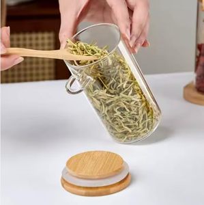 Pot à sucre en verre, récipient à sel transparent hermétique avec couvercle en bambou et cuillère doseuse pour le stockage des flocons d'avoine, des sels et des grains de café - Product Image 3