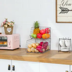 Luxury 2-Tier Countertop Wall White Stackable Metal Mesh Fruit And Vegetable Wire Basket For Kitchen