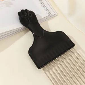 20.3*7.3*1CM Afro Combs Plástico Black Fist Metal óleo cabeça Hair Fork Handle Steel Needle Anti estática Curly Afro Hair Fork Comb