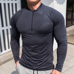 Customize Outdoor Workout Sports Wear Slim Fit 1/4 Quarter Zip Top Long Sleeve Jogging Track Top Men Compression Gym Shirt