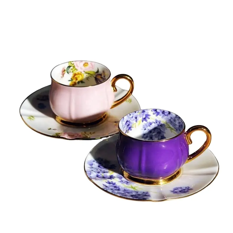 Concentrato 90ml caffè tazze da tè con rosa e viola eleganza fiori decalcomania porcellana caffè tazza da tè e piattino tazza da tè Vintage