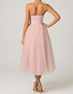 Robe midi en <span class=keywords><strong>tulle</strong></span> sans bretelles personnalisée, robe de bal trapèze froncée à la poitrine pour <span class=keywords><strong>femme</strong></span>, robe de soirée en maille rose blush à col cœur - Product Image 2