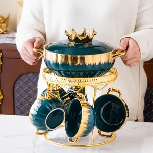 豪华皇冠设计镀金汤锅碗套装瓷面碗汤锅烹饪陶瓷锅