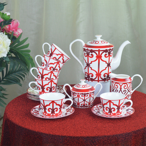 Cổ Điển Gốm Trà Đỏ Đặt 6 Ly 6 Đĩa Với Ấm Trà Sữa Jar Đường Bát Giáng Sinh Sứ Cốc Cà Phê Đặt - Product Image 1