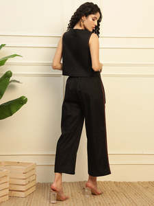 Deebaco Women's Black Solid Short Sleeveless V-Neck <b>Blazer</b> Wide Leg Trousers Two Piece Cotton Summer Western Outfit - Product Image 2