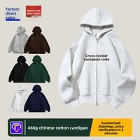 Sweat-shirt à capuche épais 460G avec double fermeture éclair, en polaire, couleur unie, coupe ample, 5XL, haut de gamme, pour homme, automne, en polyester et coton Hua