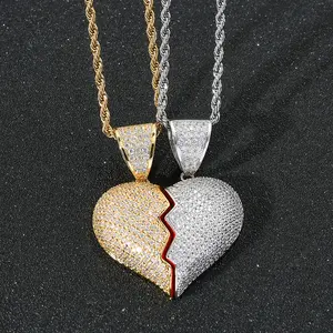 2023 Hot Sale Hip Hop Anhänger versilbert vergoldet Micro Diamond Iced Out gebrochenes Herz Paar magnetische Halskette für ihn und sie