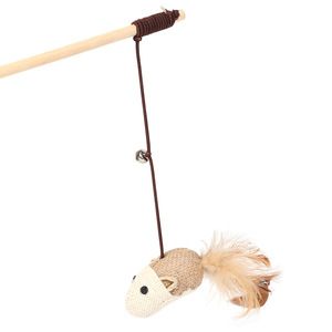 Pet <b>Cat</b> Eco-Friendly Manual <b>Interactive</b> Movement <b>Toy</b> Wood Lovely Mouse-Shaped Bell Feather Teaser Stick - Product Image 1