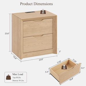 2 <b>Drawer</b> Nightstand with Built-In Charging Station Recessed Pull Handle Bedside Table Thickened Frame & Unique - Product Image 4