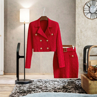 Ensemble tricoté géométrique uni style rétro pour femme, cardigan court à revers double boutonnage à manches longues, jupes slim avec ceinture, imprimé automne