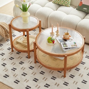 Bắc Âu retro phong cách hiện đại phòng khách Bàn cà phê đặt mây gỗ hẹp reeded Tempered Glass Top wabi-sabi khái niệm - Product Image 5