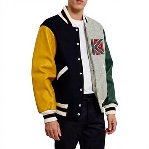 Chaqueta Varsity Dorada Casual para Hombre KVJ124 Multicolor con Mangas de Cuero y Lana, Parches de Chenilla, Cierre de Botones Bordados - Product Image 1