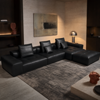 Minimalistisches Schwarzes Echtleder-Ausziehbares Modulares Ecksofa mit Chaiselongue Luxus-Wohnzimmer-Couch für Villen