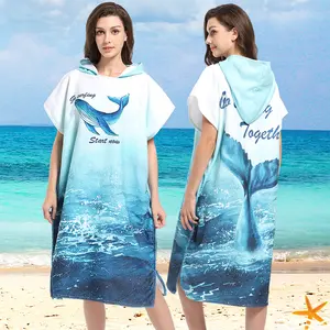 Custom Made Print Sublimation Man Woman Kids Swim Pool Microfiber Terry Summer Hooded Beach Changing Poncho Towel