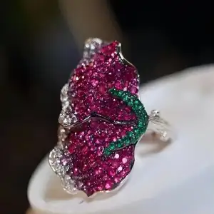 Anillos de cóctel ajustables de piedras preciosas de lujo para mujer, Circonia cúbica de ajuste completo de media mariposa, 925 Plata, venta al por mayor