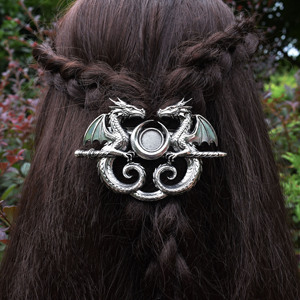Bacchetta per Capelli Drago Alato Gemello Luna Tripla Gotico Fantasia Medievale Accessorio per Capelli da Strega Argento Antico Bacchetta a Forma di Rettili Regalo - Product Image 3