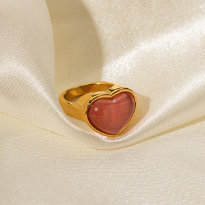 Anillo Abierto de Acero Inoxidable con Baño de Oro de 18K y Piedra Ojo de Gato Rosa, Diseño de Corazón, Novedad - Product Image 5