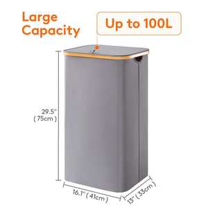 ढक्कन के साथ बड़े Foldable 100l कपड़े धोने की टोकरी कपड़े के साथ कपड़े धोने के लिए बाधित बांस संभालती है और एक हटाने योग्य कपड़े धोने बैग - Product Image 3