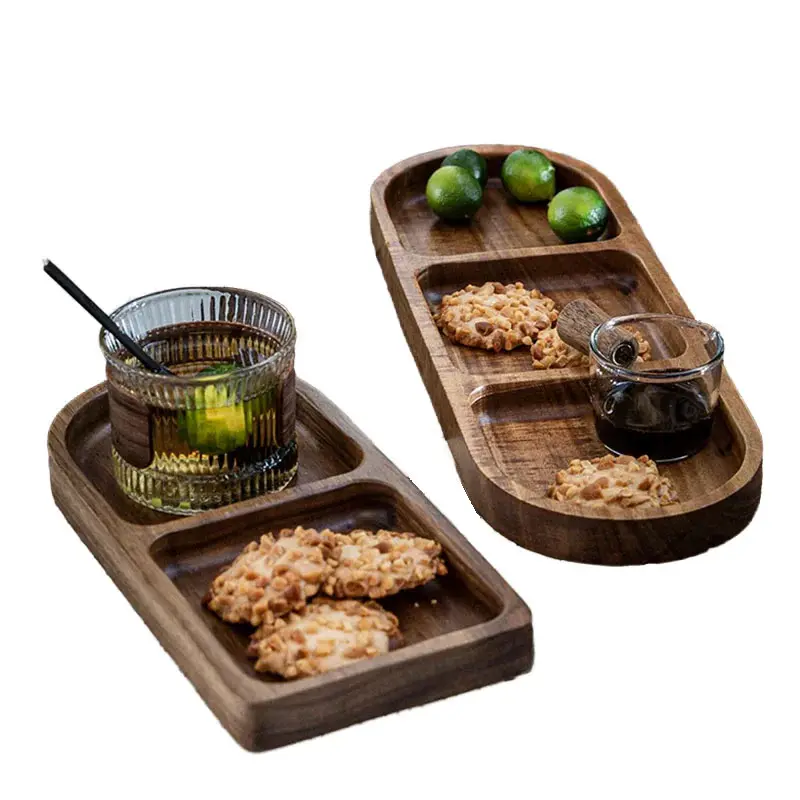 Customized Natural Black round Square Wood Plate Dish Sustainable Cheese Board and Sushi Steak Wooden Tray for Restaurants