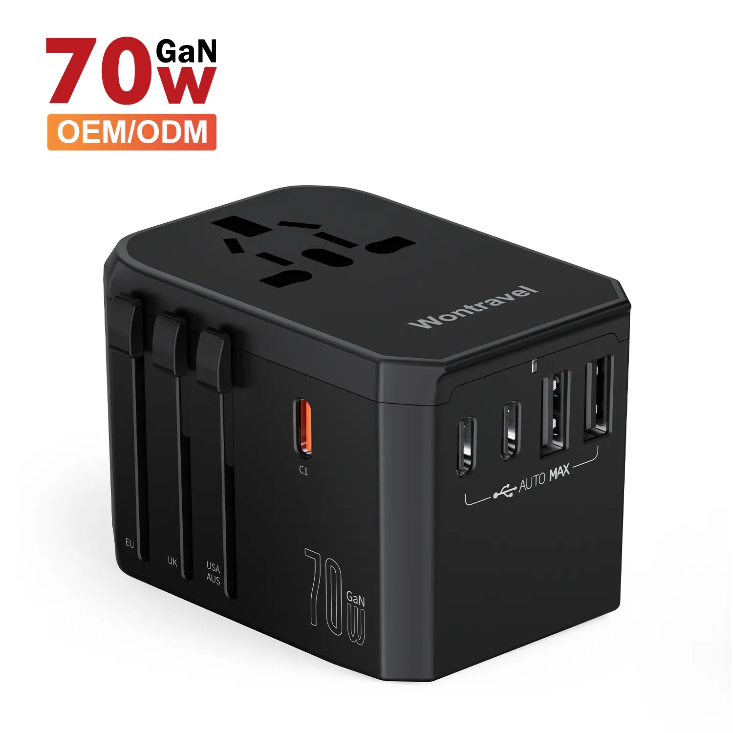 Wontravel 70W GaN pengisi daya cepat steker listrik 2024 Global Universal adaptor perjalanan ponsel untuk perjalanan