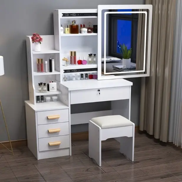 Ladies bedroom new nordic cheap price led 4 drawers vanity dressing table white hotel furniture hair make up dresser with mirror