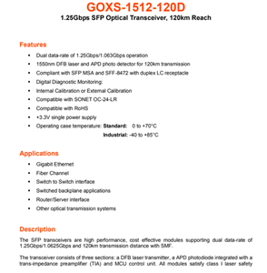 Módulo Transceptor Óptico GOXS 1512 120D 1.25G SFP 1550nm 120KM Monomodo Fibra DDM Conector LC Dúplex para Telecomunicaciones - Product Image 2