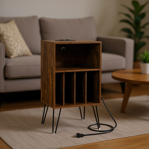 Wood Side <b>Table</b> With Storage Shelf And Charging Station Modern Midcentury Living Room Furniture <b>Walnut</b> Finish - Product Image 2