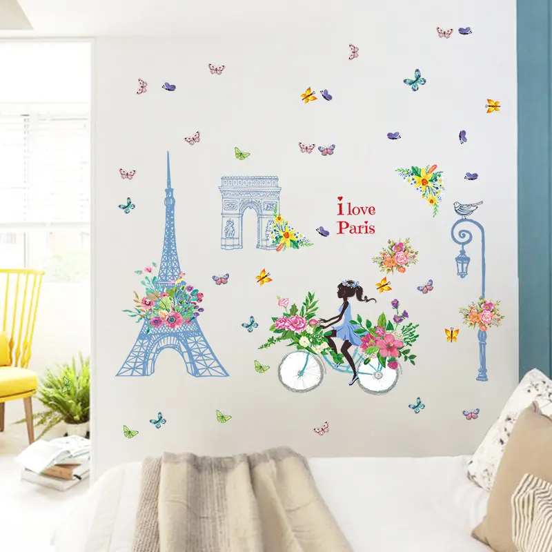I Love Paris Ijzertoren Behang Mode Meisje Met Blauwe Jurk Muurstickers Kleurrijke Bloemen En Vlinders Muurtattoo