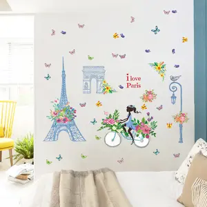 I Love Paris Iron Tower Wallpaper Fashion Girl With Blue Dress Wall Stickers Colorful Flowers And Butterflies Wall Decal