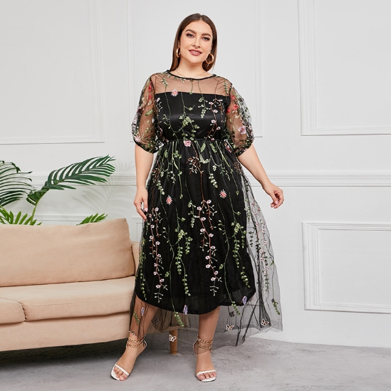 Women's Party Dress - Plus Size Mesh Printed French Hepburn Style