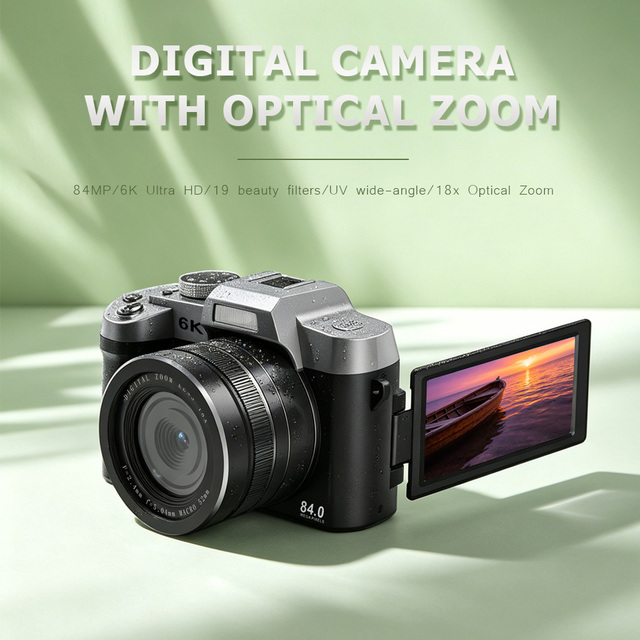 6K Vlogging Camera WD09 Flip Screen 75MP 18X Zoom 3.0" Touch Screen 19 Beauty Filters UV Wide-Angle Lens Compatible