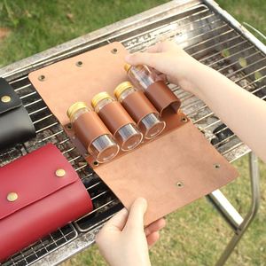 Sac de rangement portable en cuir PU pour épices avec 4 pots à épices, support pour bouteilles d'assaisonnement pour camping, barbecue, pique-nique, kit d'épices - Product Image 2