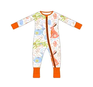 Orange Red Bunny and Eggs Paper-cutting Pattern Easter Holiday Long-sleeved Baby Jumpsuits Bamboo Fabric Baby Rompers