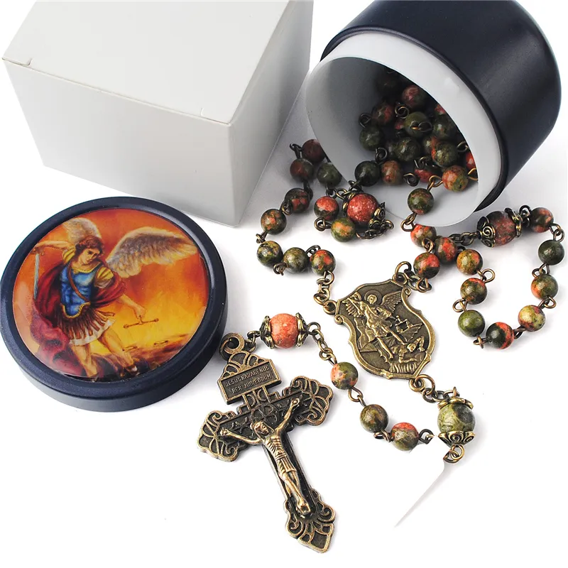 Confezione regalo Set 6mm Unakite Stone Beads rosario St.Michael collana cattolica con ciondolo crocifisso Pardon