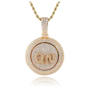 Pendentif de lettres rotatif sur mesure, chaîne personnalisée, disque rond glacé, collier rotatif Hip Hop pendentif de lettres, livraison directe