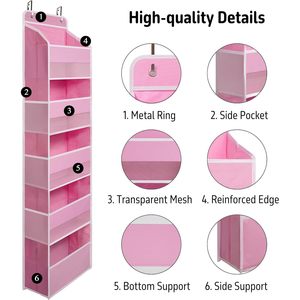 Pink Over Door Organizer 5 Large Clear Pockets 6 Side Mesh Pockets Anti Tilt Hanging Storage For Cosmetics Clothing Toys Snacks - Product Image 4