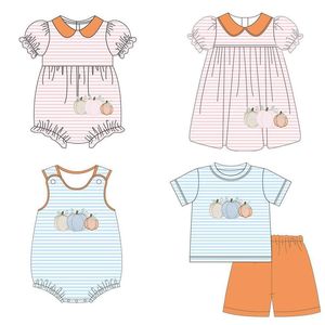 En Stock bambin garçons et filles automne trois citrouilles broderie tenues assorties enfants mignon Halloween smocké vêtements - Product Image 1