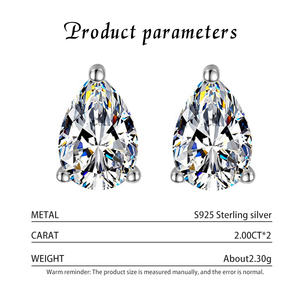Boucles d'oreilles clous en moissanite S925 en argent sterling plaqué rhodium, taille poire, couleur D, pureté VVS1, 2 carats, brillantes, vente en gros d'usine, pour femme, tendance - Product Image 3