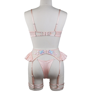 Ensemble soutien-gorge et culotte taille haute pour femme, rose glamour, en <span class=keywords><strong>tulle</strong></span> <span class=keywords><strong>transparent</strong></span> et dentelle, avec broderie florale, respirant, à volants, doux, et porte-jarretelles - Product Image 4