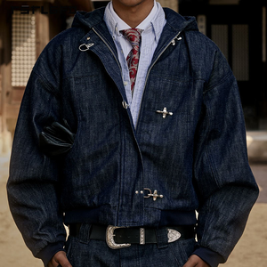 Chaqueta Bomber Vaquera Corta con Capucha Estilo Vintage para Hombre, con Hebilla Metálica, Prenda Exterior Holgada, Chaqueta de Invierno para Hombre, Venta al por Mayor de Chaquetas para Hombre - Product Image 2
