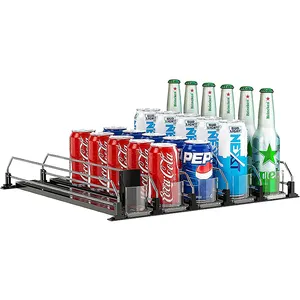 Drink Soda Can Organizer for Refrigerator, Width Adjustable Dispenser Beverage Pusher Glide Bottles Storage Holder