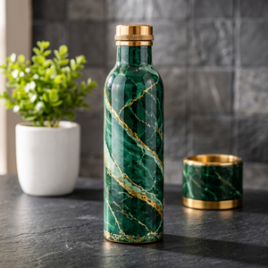 Handmade Green Marble Pattern <b>Copper</b> <b>Water</b> <b>Bottle</b> with Gold Cap and Matching Cup Portable Eco Friendly Drinkware - Product Image 1